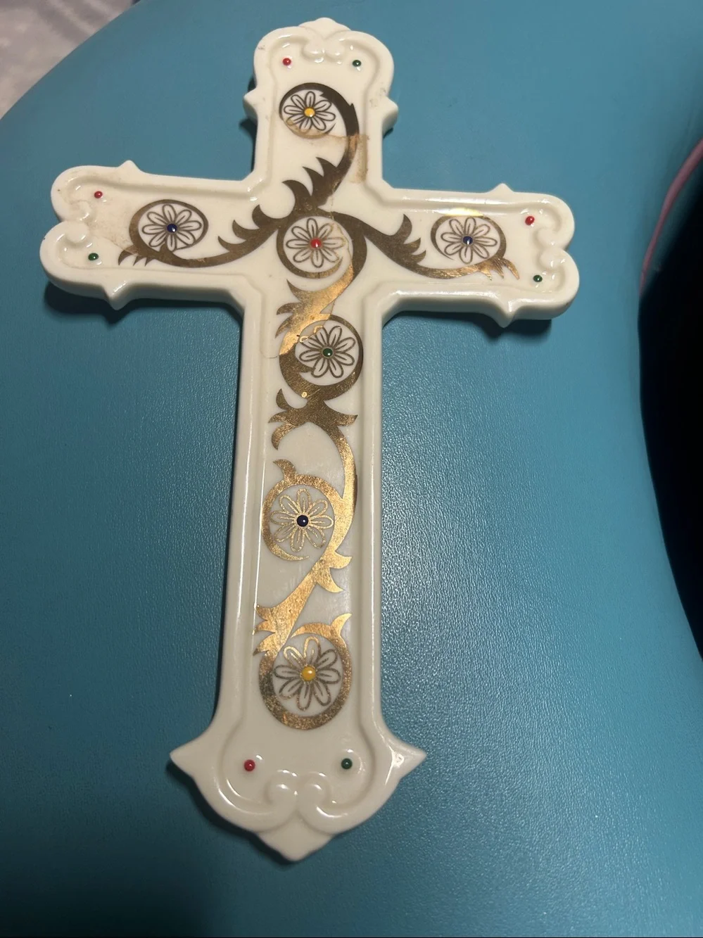 Decorative White Cross Wall Plaque with Gold Accents